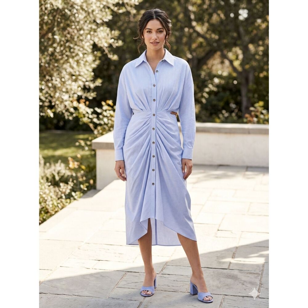 Mable Button Front Blue Striped Shirt Dress Tie Front/Back Sz M Collared Pintuck